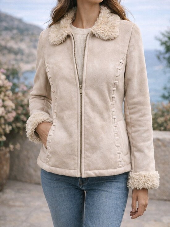 croft & barrow Jackets & Blazers - Croft & Barrow Faux Suede Shearling Jacket Cream Whipstitch Detail Size M